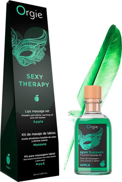 Set massaggio baciabile Orgie Lips Massage con olio da 100 ml, piuma e guida al massaggio