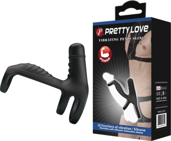 Guaina elastica nera Pretty Love Vibrating Penis Sling con base ad anello e rilievi