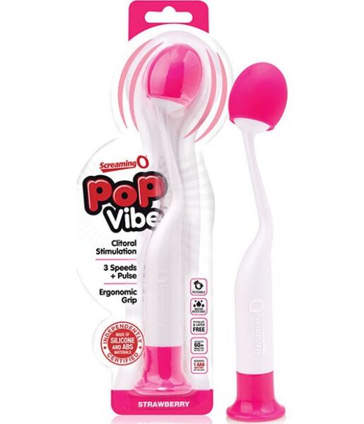 Massaggiatore wand Screaming O PoP Vibe Strawberry rosa e bianco, con testina flessibile