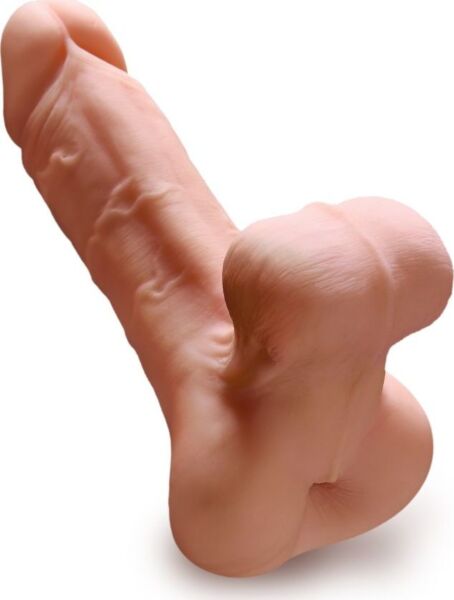 Masturbatore PDX Male Reach Around con ingresso anale, pene esterno con vene in rilievo e testicoli realistici