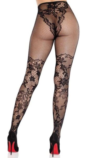 Collant in pizzo Leg Avenue Dahlia Lace Tights nero, con pizzo floreale e rete sulla coscia