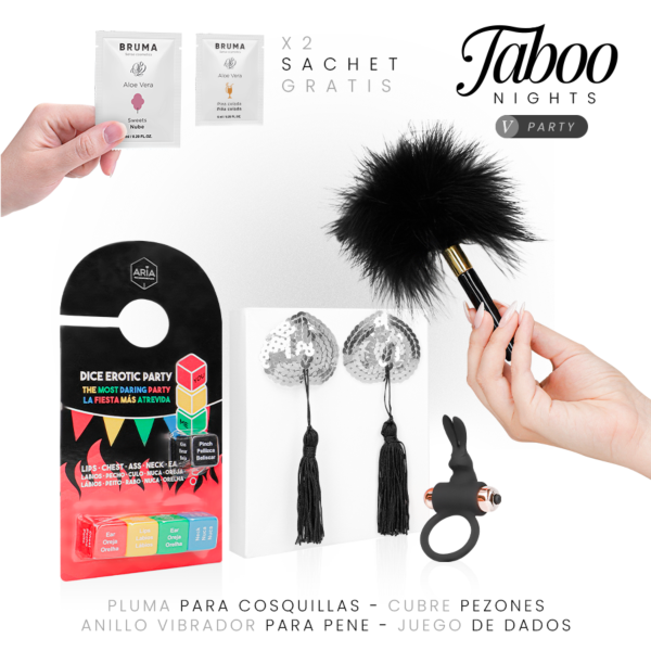 Set erotico Taboo Nights 5: Party con gioco di dadi, anello vibrante, copricapezzoli, piumino e gel lubrificanti