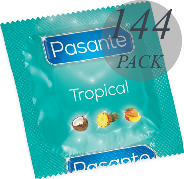 Scatola da 144 preservativi Pasante Tropical ai gusti mango, ananas e cocco