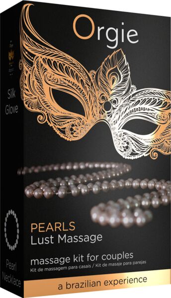Kit di massaggio Orgie Pearls Lust Massage con il flacone di gel Silk Glove, la collana di perle e la guida