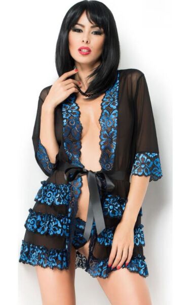 Vestaglia Chilirose CR 3837 in tulle blu con pizzo e cintura in raso