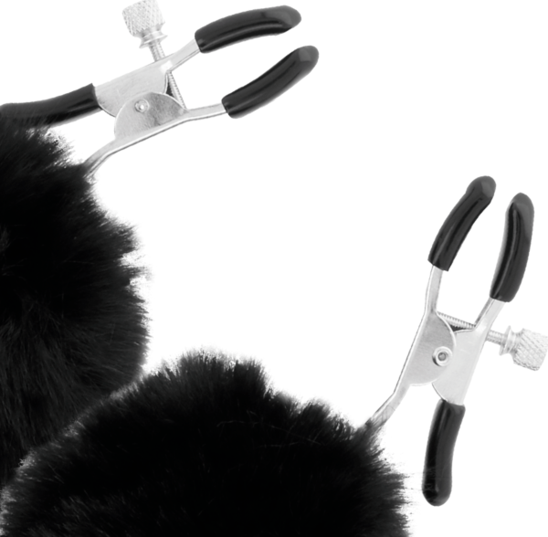 Pinze per capezzoli Darkness Nipple Clamps with Pom Poms, con i loro cuscinetti e i due pompon