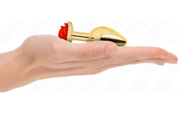 Plug anale Kink Rosa Rossa S in acciaio dorato, con corpo conico e una rosa rossa sulla base