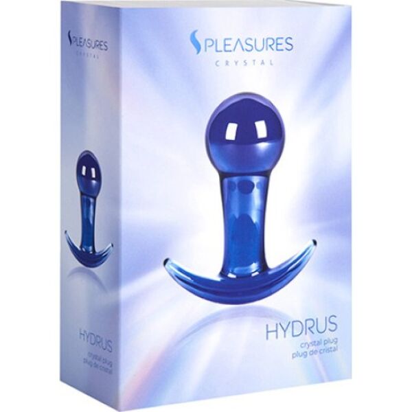 Plug anale S Pleasures Crystal Hydrus, azzurro trasparente, con la sua base per impugnarlo