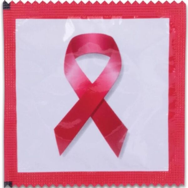 Preservativi Pasante Red Ribbon, 144 unità, presentati in fogli decorati con motivi Red Ribbon
