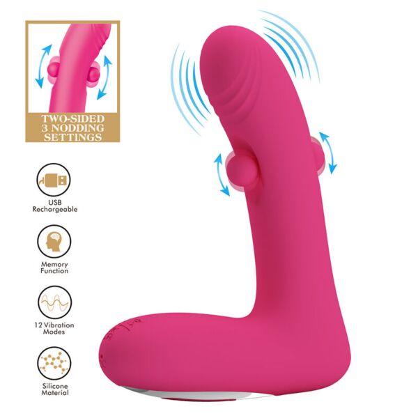 Vibratore Duden di colore rosa, con corpo curvo e punti mobili laterali