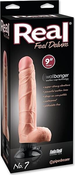 Vibratore Pipedream Real Feel Deluxe Nº 7 con glande ben definito, vene in rilievo, testicoli e base con ventosa