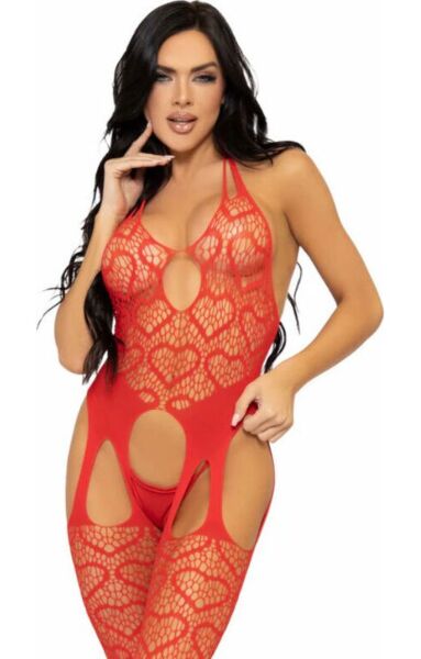 Bodystocking Leg Avenue Love Hangover a rete con cuori, con top all'americana e reggicalze