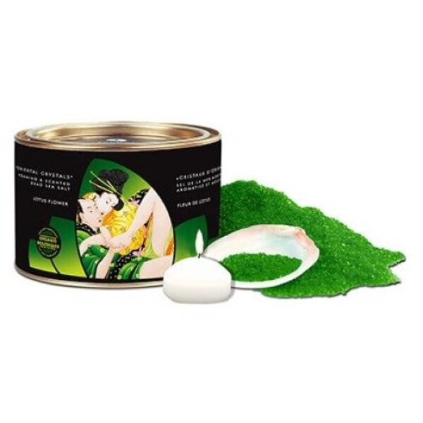 Sali da bagno Shunga Lotus Flower da 600 g, con conchiglia dosatrice e candela galleggiante