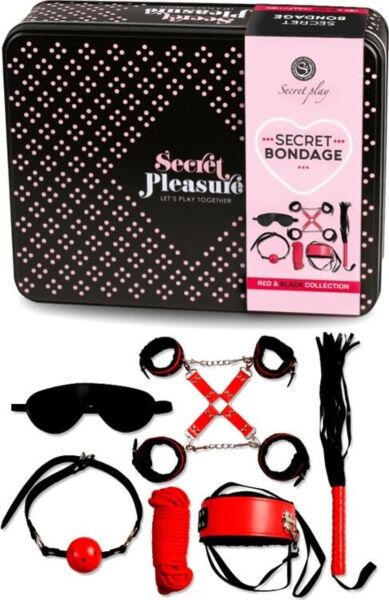 Kit BDSM Secret Bondage Rosso e Nero di Secret Play, con i pezzi in similpelle e la corda