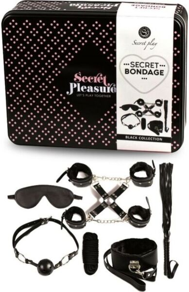 Set bondage Secret Play Secret Bondage 8 pezzi nero, con manette, frusta, bavaglio, benda, collare e corda