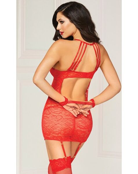 Set di lingerie Chemise Set Seven 'til Midnight rosso, abito con giarrettiere in pizzo, scollo all'americana e manette coordinate