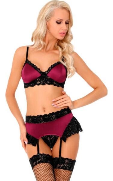 Set lingerie Livco Corsetti bordeaux e nero, con reggiseno, reggicalze e perizoma