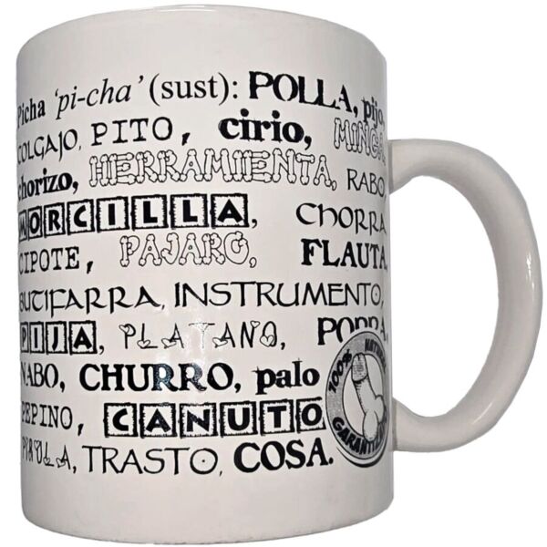 Tazza in ceramica bianca Diablo Picante da 370 ml con sinonimi di pene scritti in nero