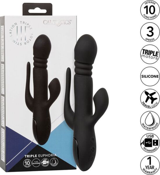 Vibratore rabbit CalExotics Triple Euphoria con asta, succhiaclitoride e coda