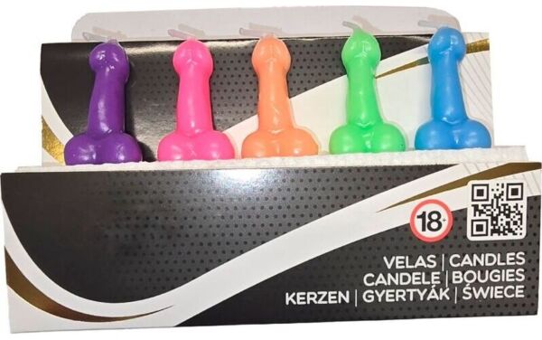 Candele Diablo Picante a forma di pene in vari colori, accanto alla confezione