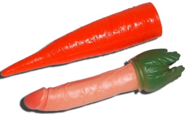Scherzo erotico Diablo Picante Penis Carrot, carota di plastica con un pene a sorpresa all'interno