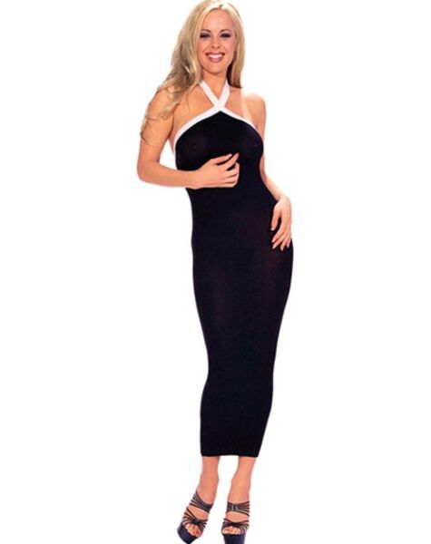 Vestito lungo Music Legs nero e bianco, con spalline al collo