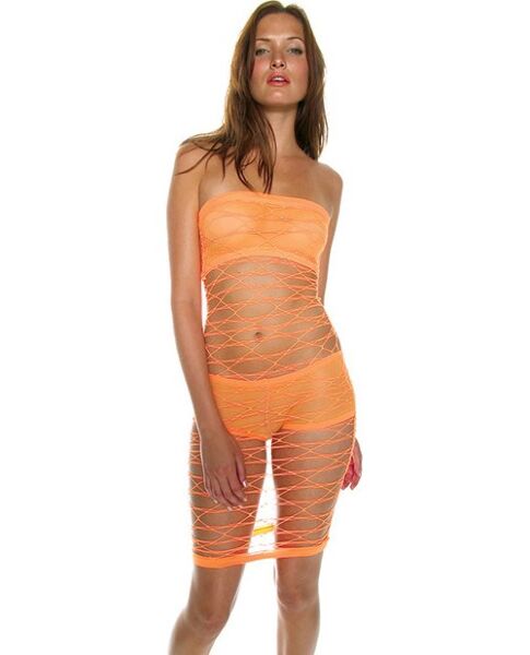 Vestito a rete Music Legs arancione, miniabito con top e hotpants sotto