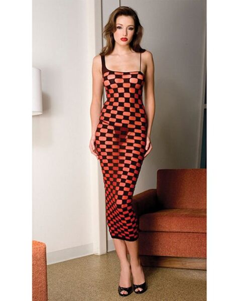 Vestito Music Legs a quadri, lungo, rosso con quadri neri
