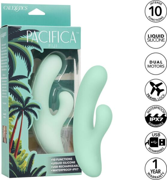 Vibratore punto G CalExotics Pacifica Fiji in silicone trasparente verde, con asta curva e secondo stimolatore