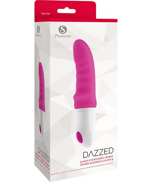 Vibratore S Pleasures Dazzed Pink in rosa e bianco, con la sua asta ondulata