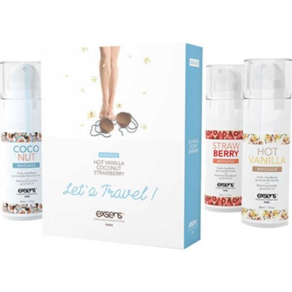 Kit di oli da massaggio Exsens Warming Gourmet Let's Travel con i tre flaconi alla fragola, al cocco e alla vaniglia