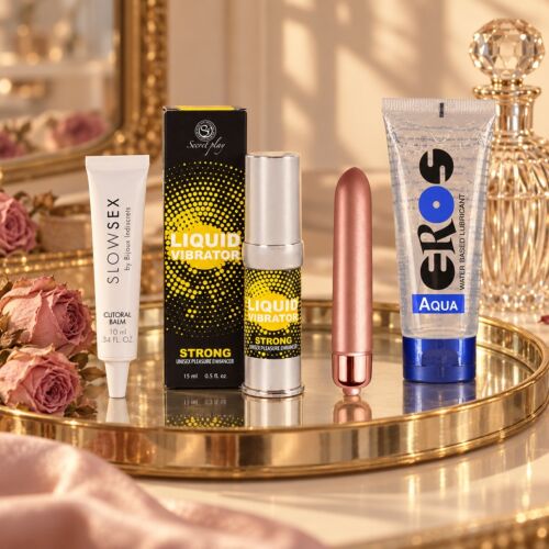 Kit di stimolanti per lei con balsamo per il clitoride e bullet – scena d'atmosfera (immagine generata con IA)