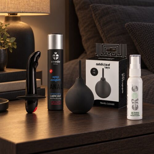 Kit prostata per principianti con vibratore a base larga – scena d'atmosfera (immagine generata con IA)