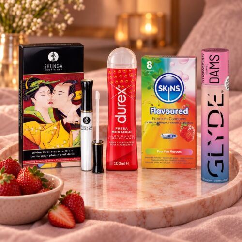 Kit per il sesso orale con gloss, lubrificante e preservativi aromatizzati – scena d'atmosfera (immagine generata con IA)