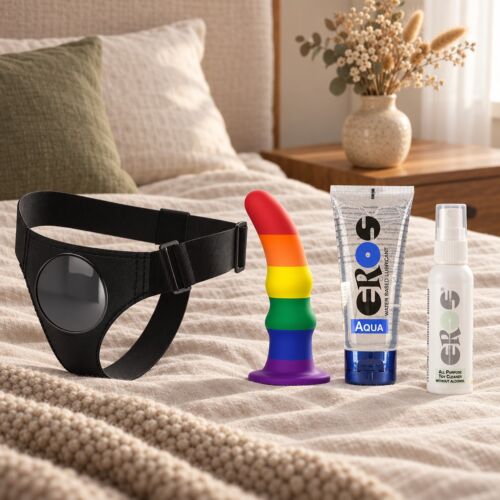 Kit strap-on per principianti con imbracatura universale e dildo in silicone – scena d'atmosfera (immagine generata con IA)