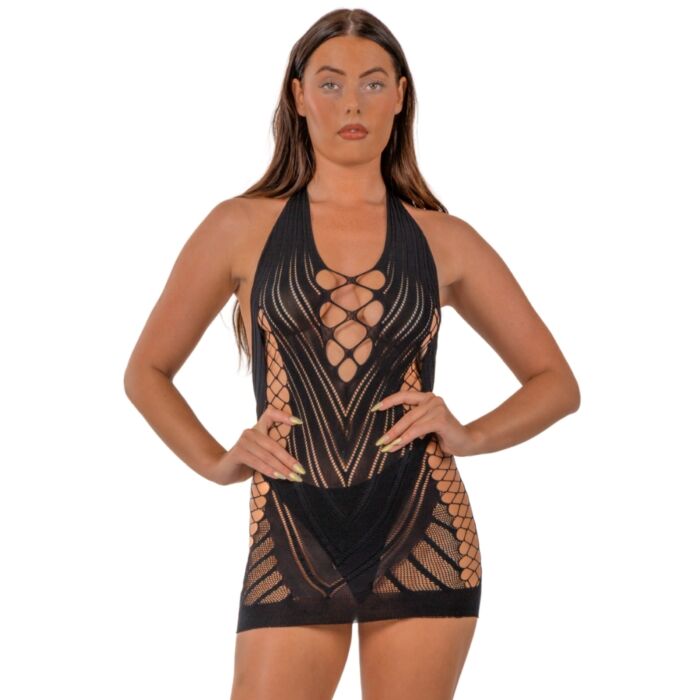 Lace by LJ Halter Neck Dress with Faux Lace Up Front Black Lace by LJ Halter Neck Dress with Faux Lace Up Front Black