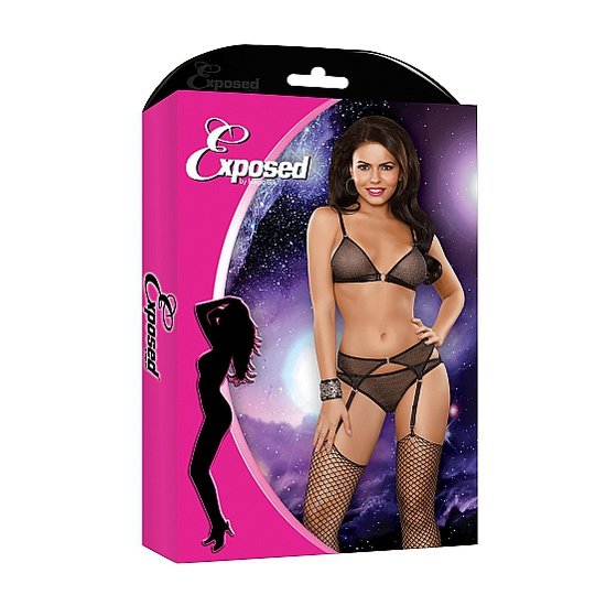 Reggiseno, giarrettiere e slip in seta lucida magica neri